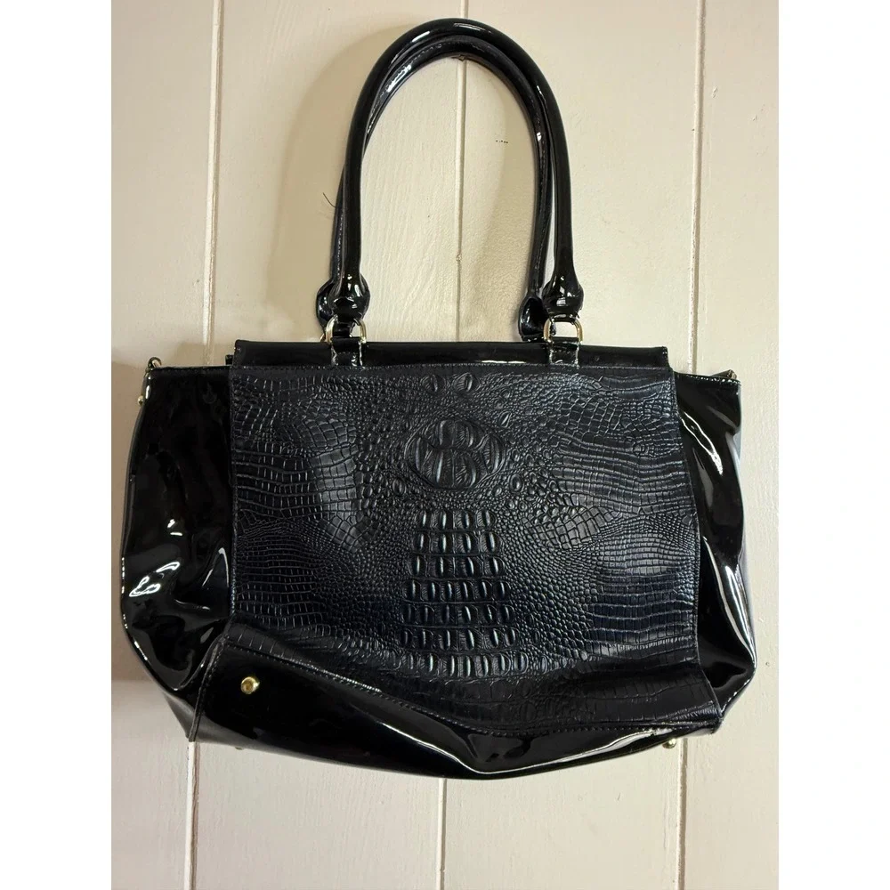 Stauer Satchel Shoulder‎ Bag Women's Black Croc Embossed Patent Leather Purse